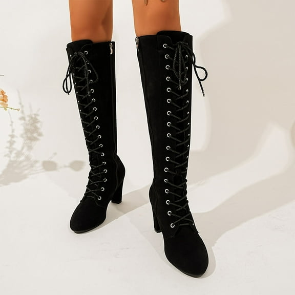 Bnwani Women Boots Knee High Boots Fashion Toe High-Heel Thick Chunky High Knee-High Versatile Casual Solid Retro Knight Boot Black Size 5.5