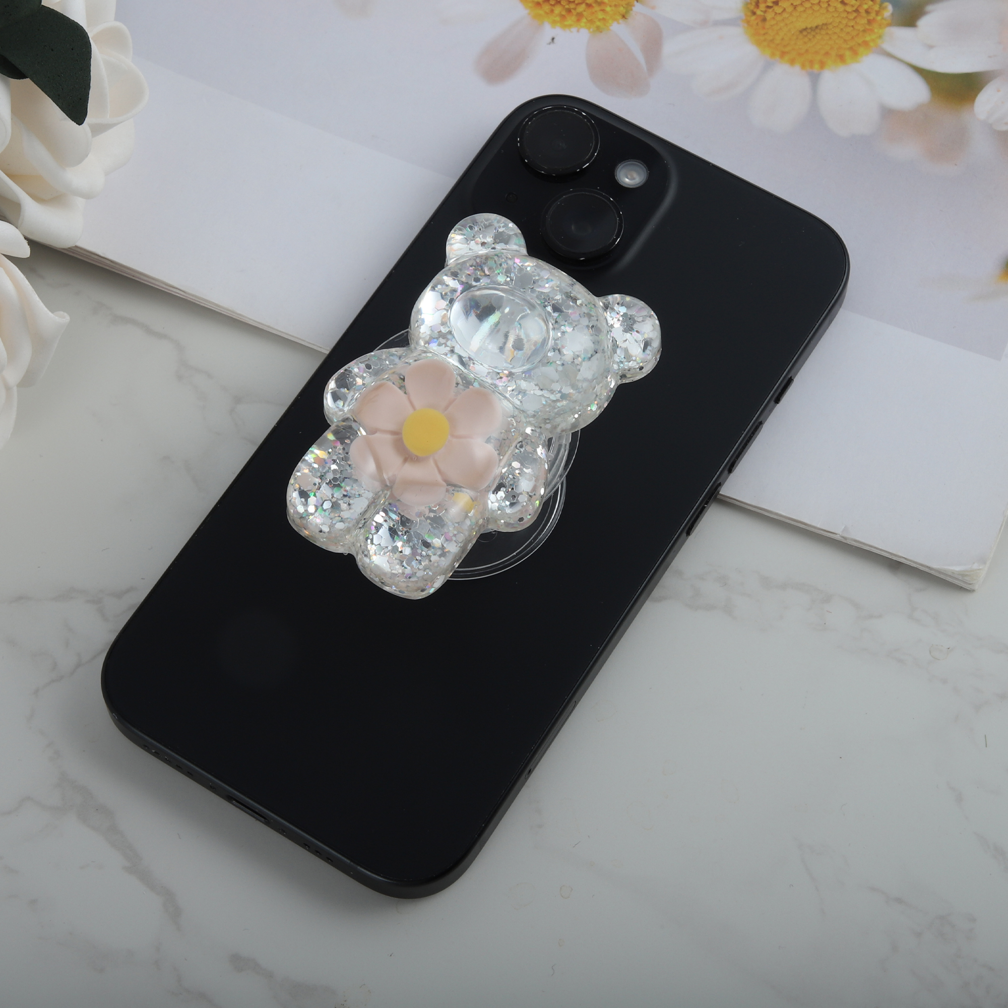 Unique Bargains Bear High-Shine Hexapetalous Flower Phone Grip Pink