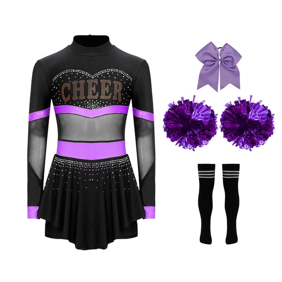 Jowowha Kids Girls Cheer Leader 4 Pcs Costume High School Cheer Team Dress with Pompom Leg Socks Purple A 14