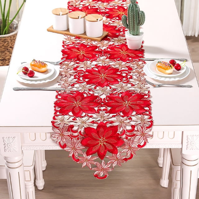 Dvkptbk Table Runner Christmas Flower Embroidery Table Flag Christmas Red Flower Tablecloth Table Flag Home Dining Table Decoration 14.96X69.29 Inches Kitchen Essentials