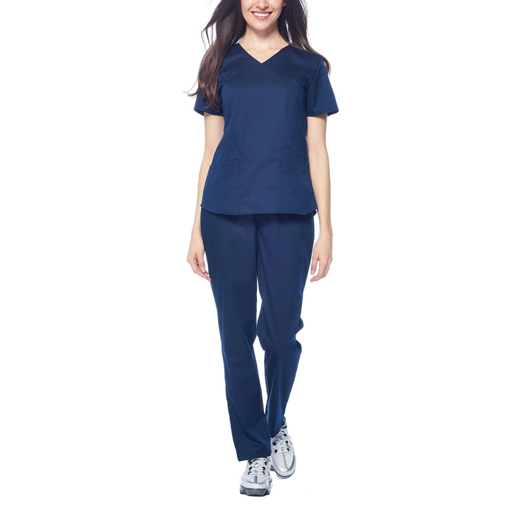 DAGACCI Dagacci Medical Uniform Women's Fitted Y Neck Natural Stretch Scrub Set (Navy,L