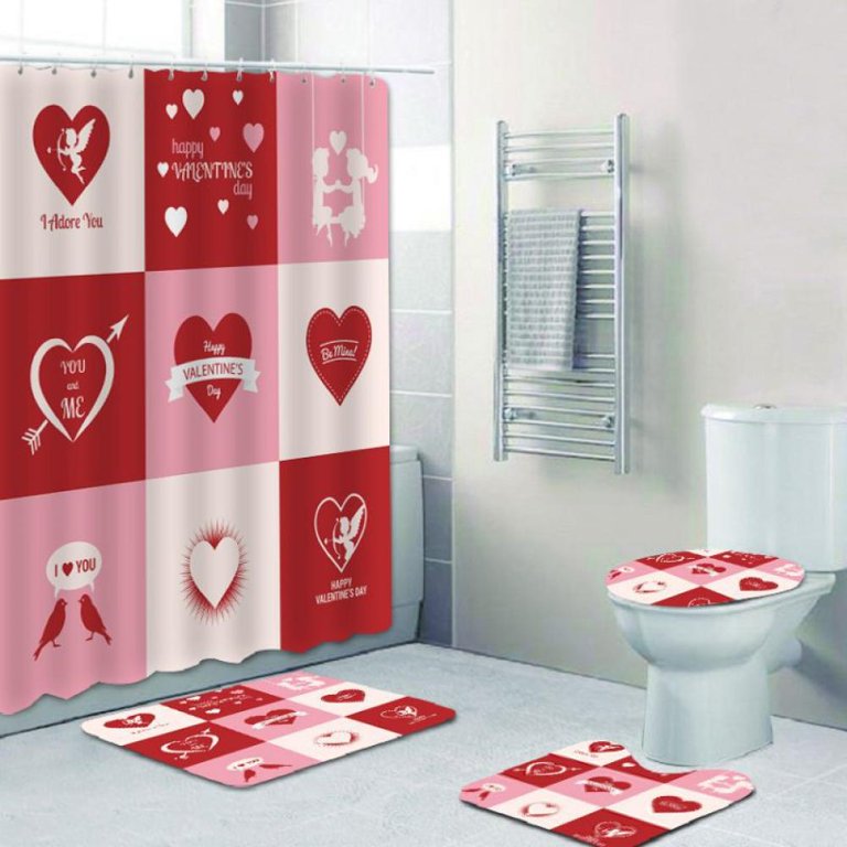 3D Romantic Love Heart Shower Curtain Bath Mat Toilet Lid Cover