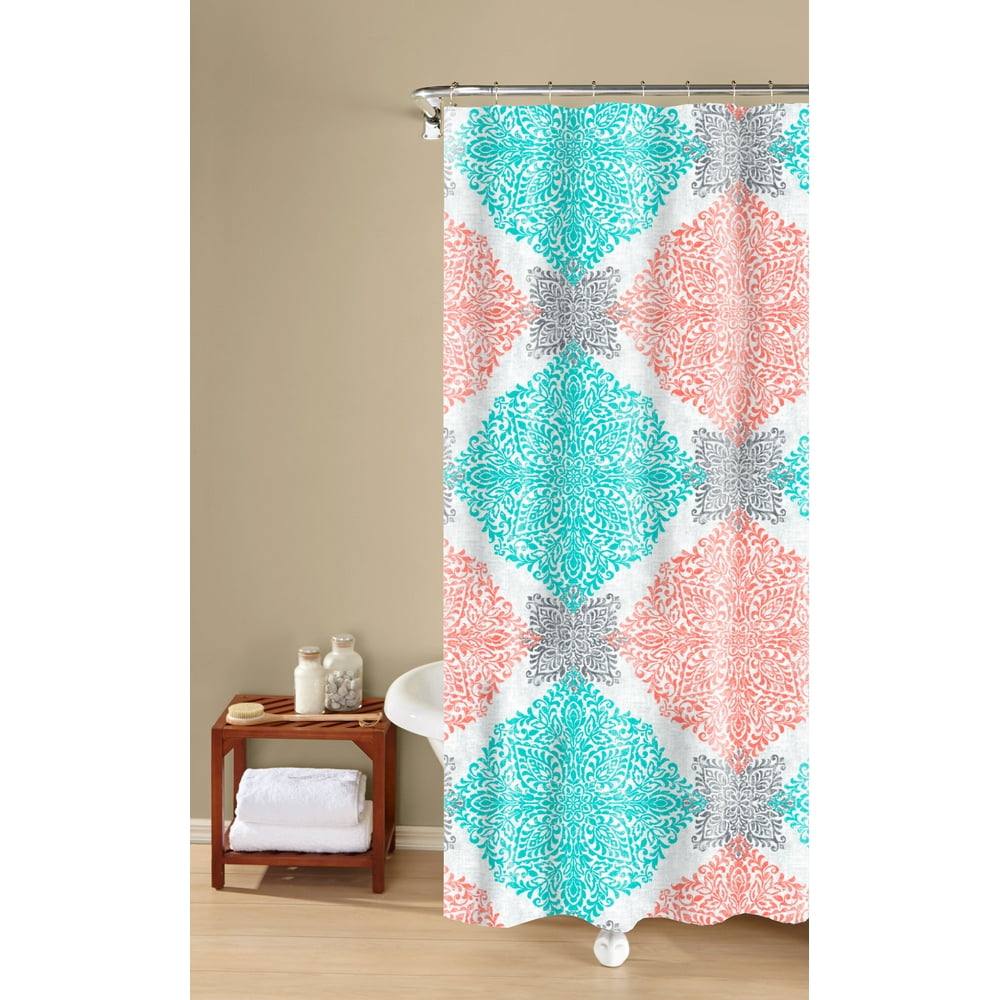Medallion Fabric Shower Curtain, Coral and Aqua, Peach & Oak Walmart