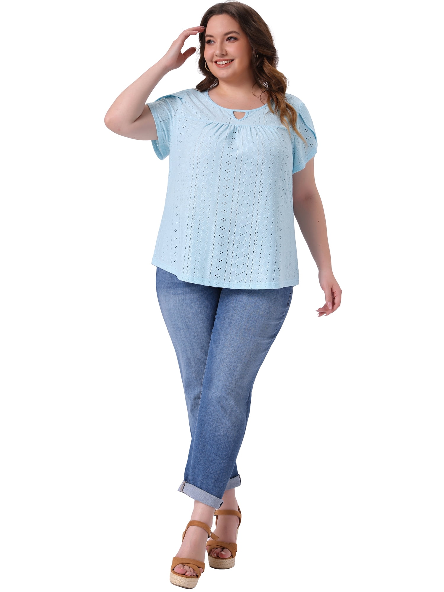 Women's Plus Petal Sleeve Keyhole Neck Loose Fit Casual Top for Women 2X Sky Blue