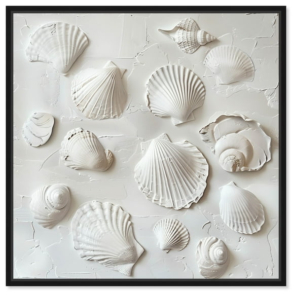 White Seashells Canvas Elegant White Gold Wall Art by Art Remedy, Black Frame, 12" x 12"
