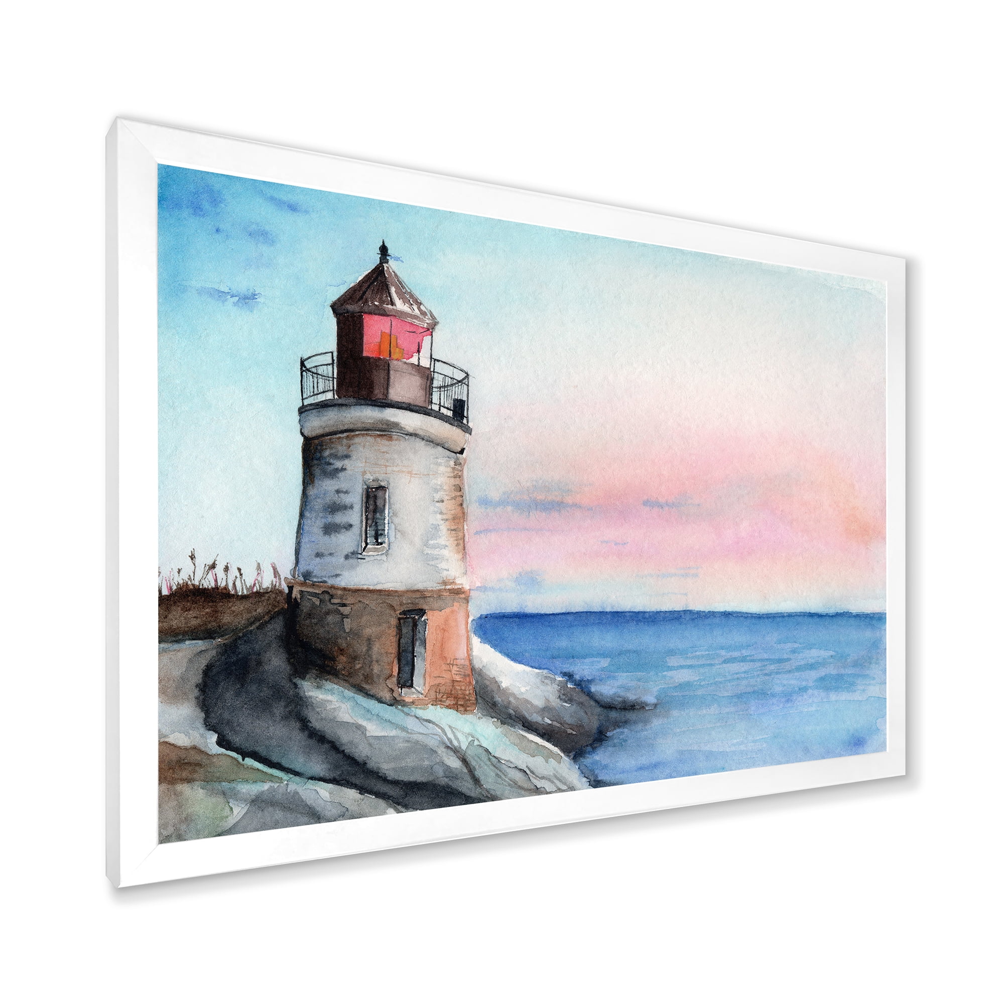 Designart 'A Lighthouse On A Rock Shore At Dawn' Nautical & Coastal Framed Art Print