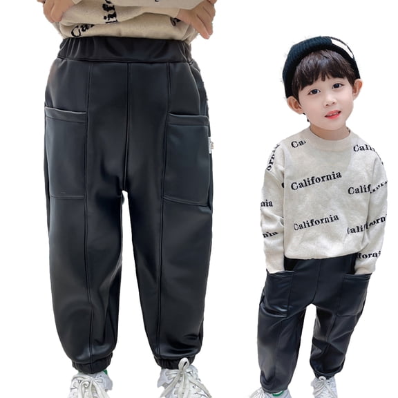 YTDSCS Baby Kids Boys Leather Pants Faux Leather for Toddler 2-12Y Children's Pocket Leather Pants with Fleece Thickened Winter Integrated Fleece Warm Windproof