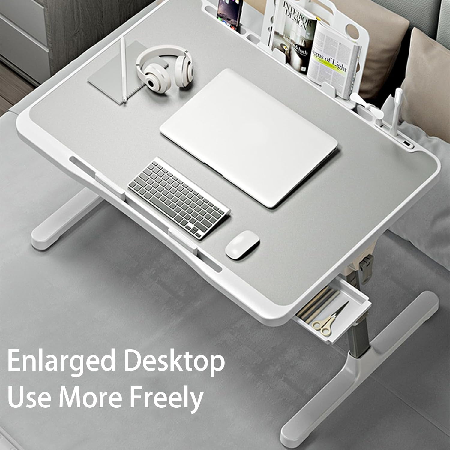Laptop Desk for Bed, Adjustable Beds Table with USB Charge Port, Foldable Laptop Table with Storage Drawer, Portable Laptop Bed Desk Tray for Eating Working Writing Reading (Yellow)