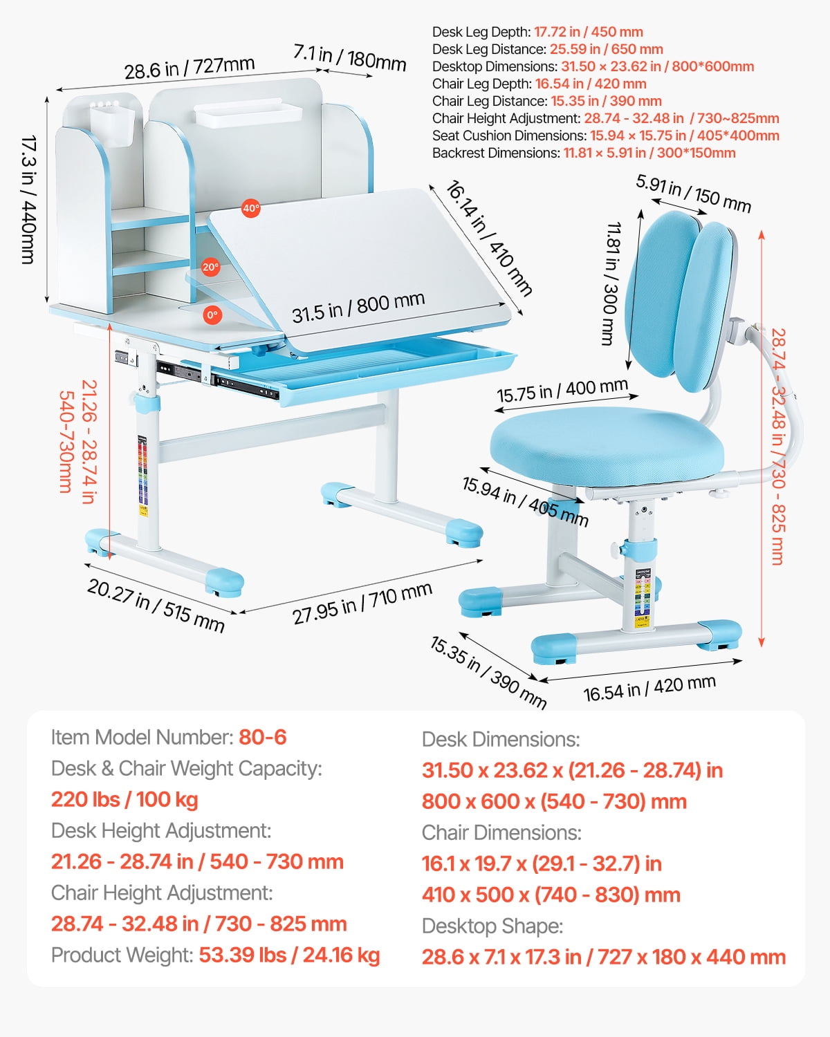 VEVOR Kids Study Chair and Desk Set, Study Desk and Chair for Kids with Bookshelf & Storage Drawer, Adjustable Height & 0-40° Tilted Desktop Desk and Chair, Study Table for Bedroom & Study Room, Blue