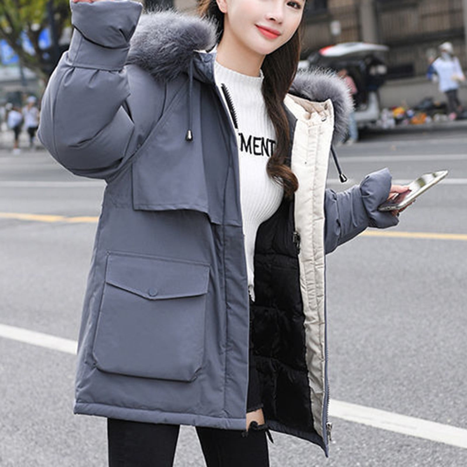 Women Fashion Hooded Jackets Long Cotton-Padded Pocket Faux Fur Coats Outerwear