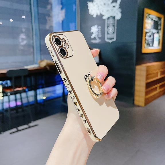 Dteck for iPhone XR Case with Ring Holder for Women Girls, Cute Luxury Shiny Electroplated Plating Edge, Soft Rubber Protective Phone Case For iPhone XR,Pink