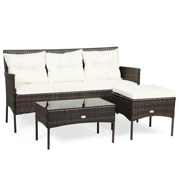 Patiojoy 3 PCS Patio Furniture Set Outdoor All Weather Wicker Conversation Set w/Cushioned Ottoman & Side Table White
