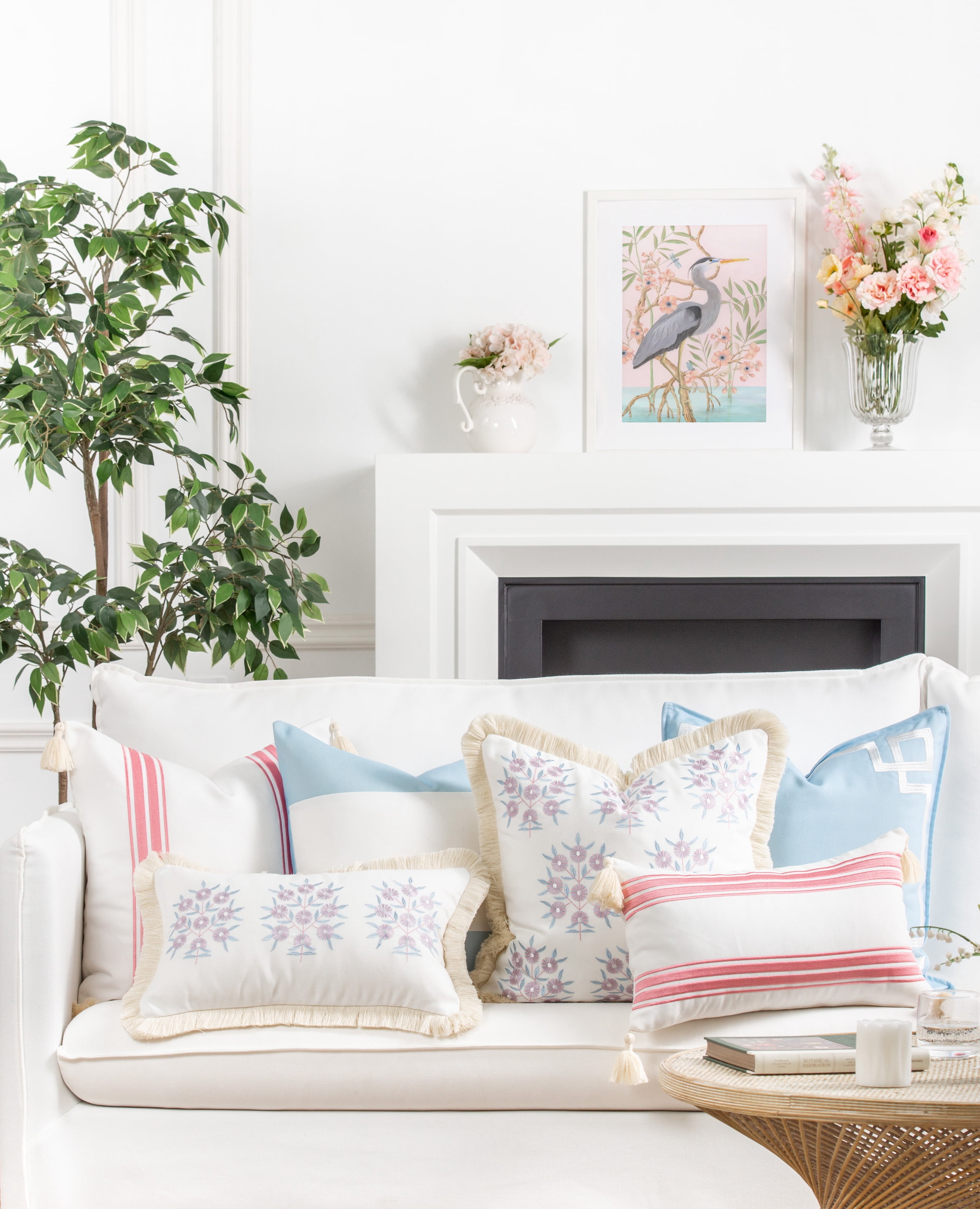 Hofdeco Premium Coastal Patio Indoor Outdoor Throw Pillow Cover Only, 20"x20" Water Repellent for Backyard, Couch, Blush Pink Embroidered Floral with Fringe