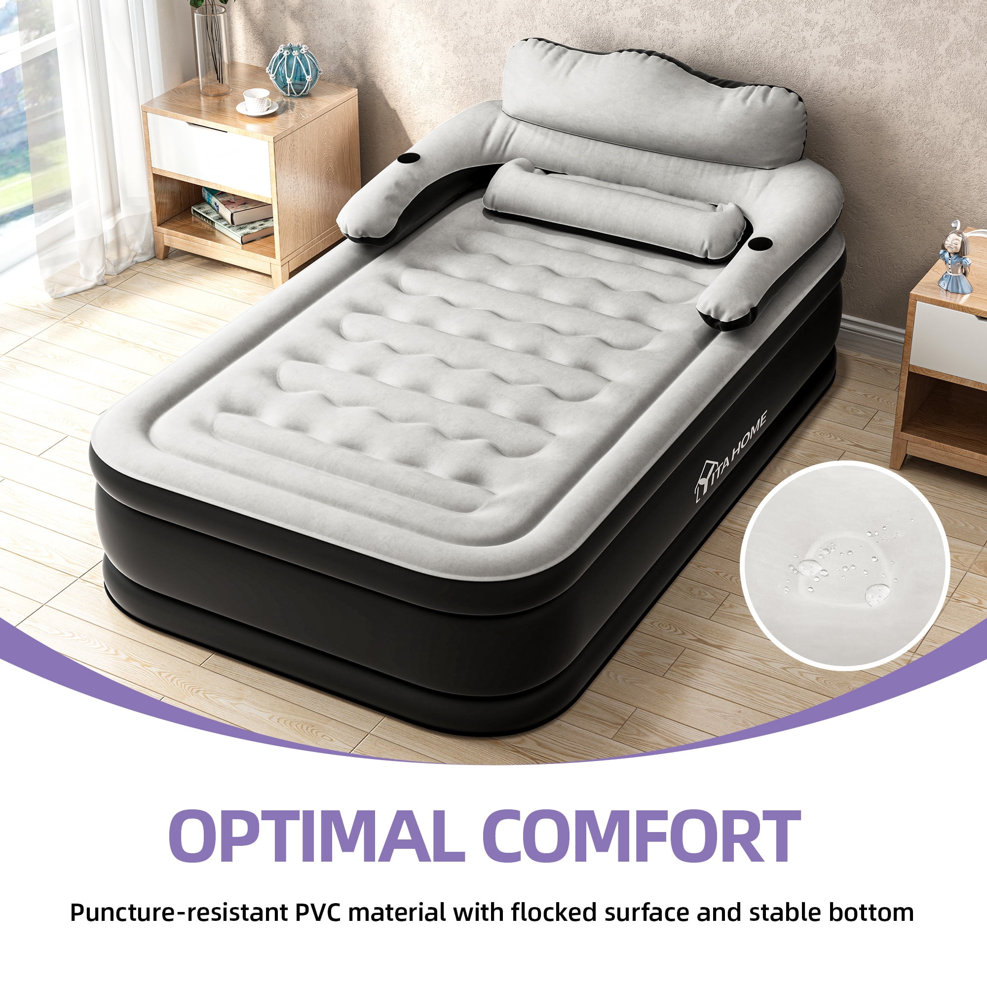 Uforic Full XL Air Mattress with Headboard, 18 Inch Inflatable Bed with Pillow & Removable Electric Pump, Portable Airbed for Camping Home Use, Black