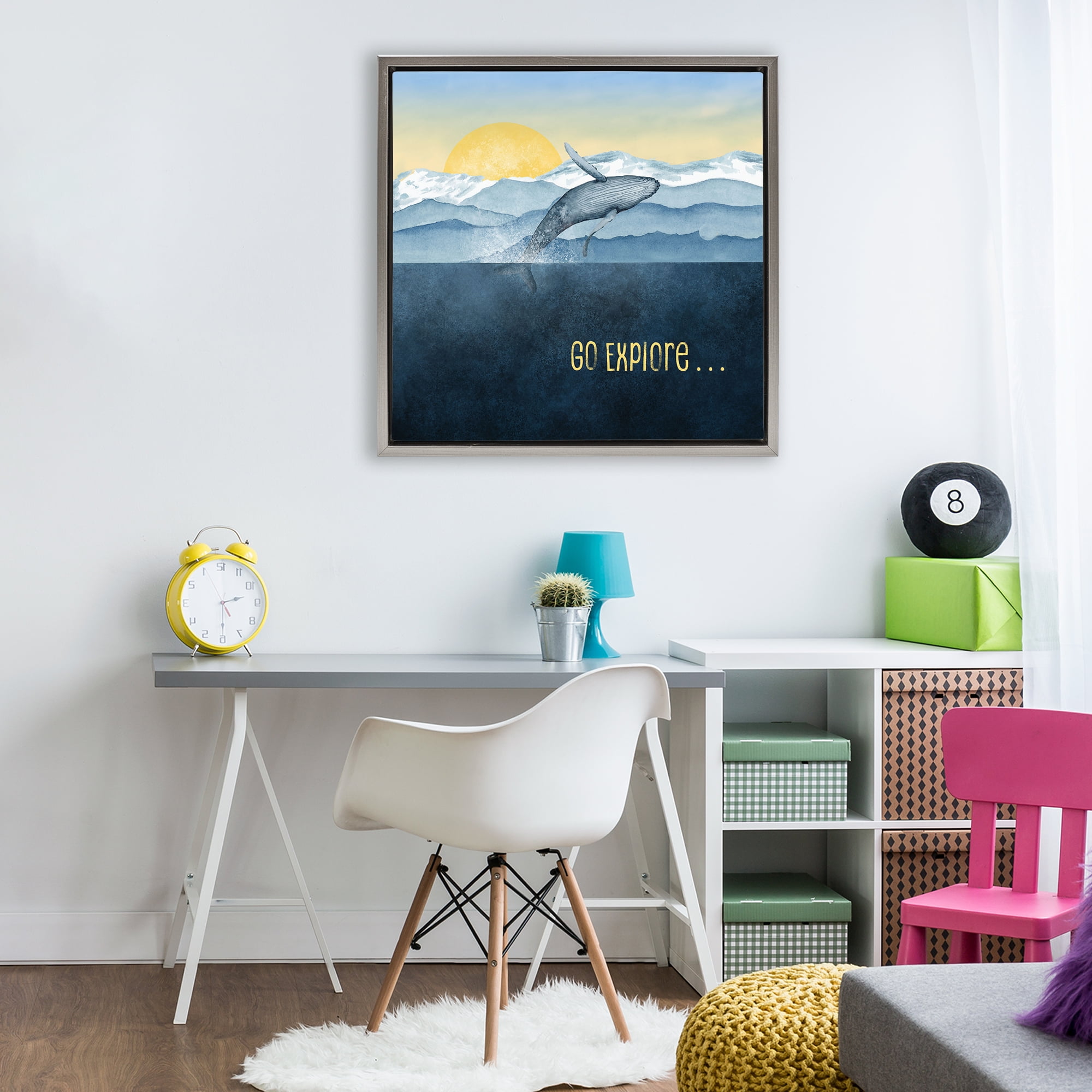 Go Explore Whale Breach Gray Framed Floater Canvas Wall Art, design by Brett Blumenthal