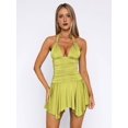 thumbnail image 6 of Jaimenalin Women Halter V Neck Mini Dress Flowy Irregular Ruffle Hem Backless Summer Dress Ruched Dresses Fluorescent Yellow XS, 6 of 9