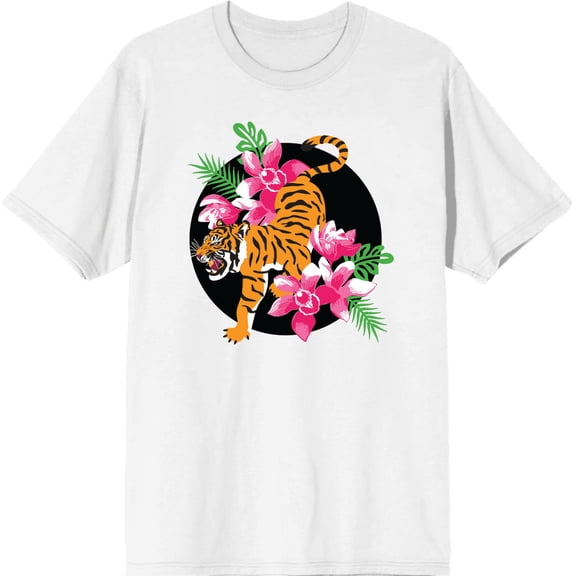 Natural World Tiger & Flowers Men's White Crew Neck Short Sleeve Tee-Medium