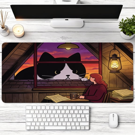 cute giant cat looking through window illustration Mouse Pad，Non Slip Rubber Pad，Desktop Decoration Drotection Pad，Washable，Lock Edge Multi Size，Mousepad For Home
