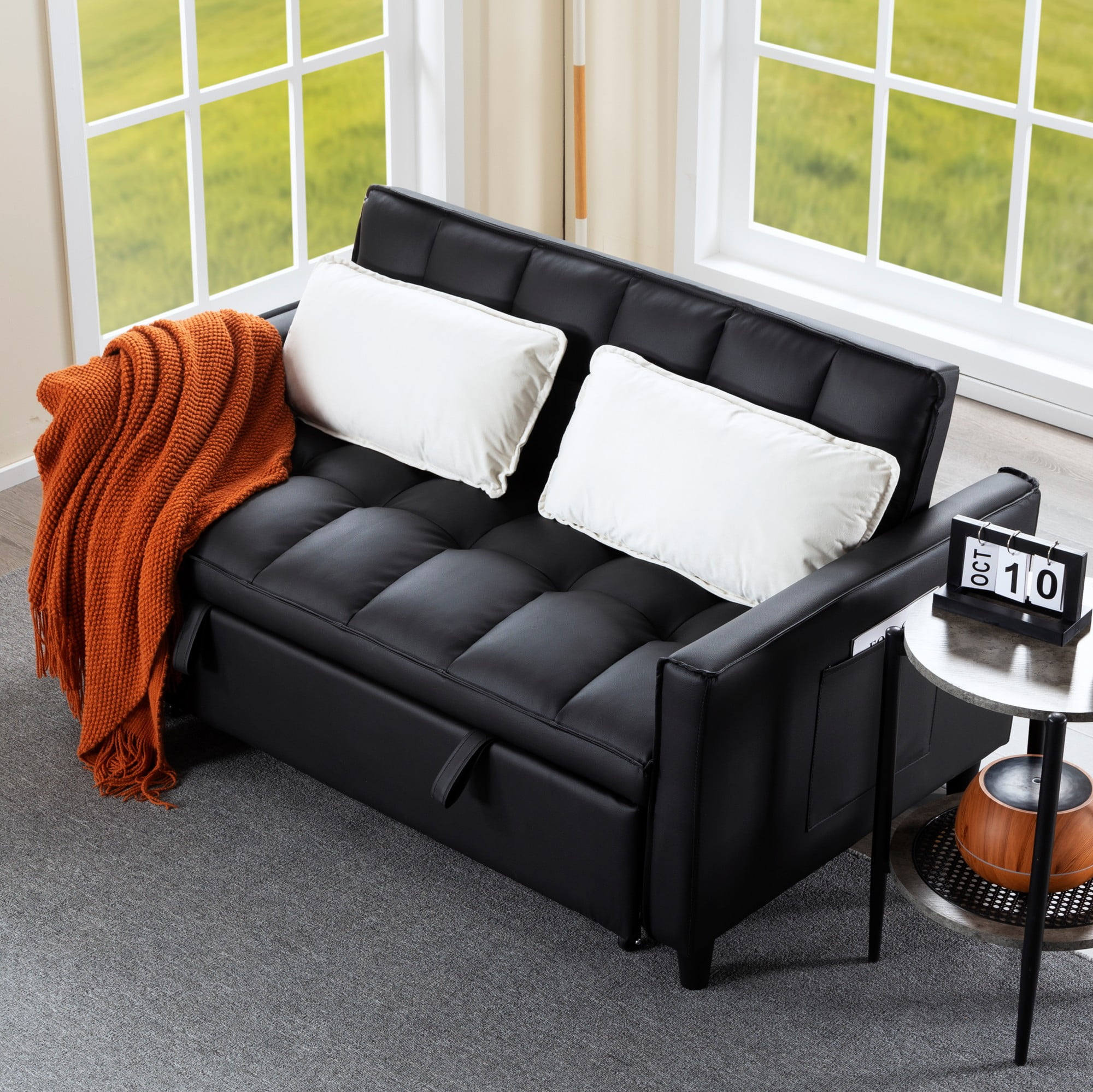 Gewnee 53.94" Pull-Out Sofa Bed – Convertible Twin Size Sleeper Bed,3 Adjustable Backrest Angles & Storage Side Pocket for Living Room,Office,Guest Room.Black PU