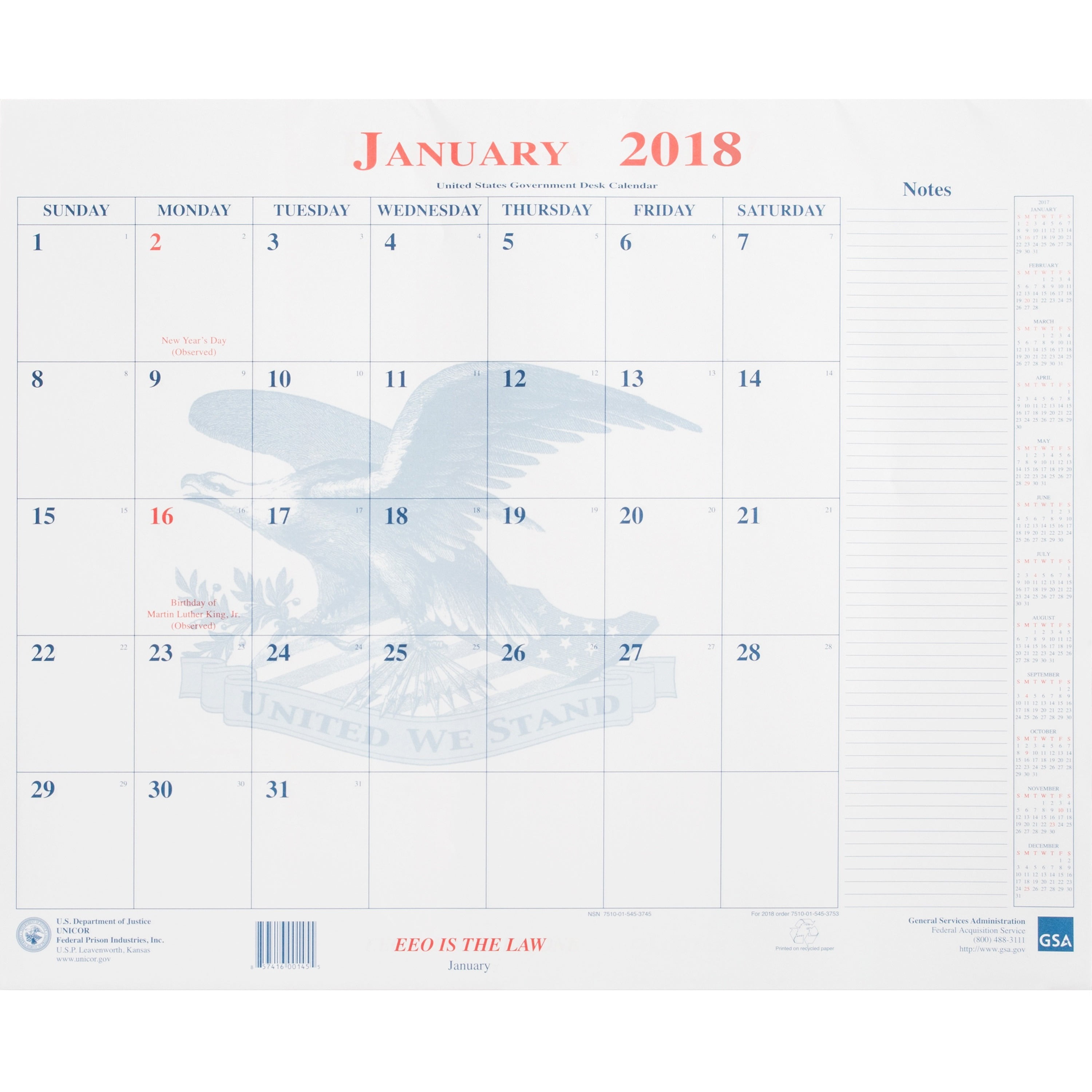 Unicor Fed Blotter Style Monthly Calendar Pad, Assorted