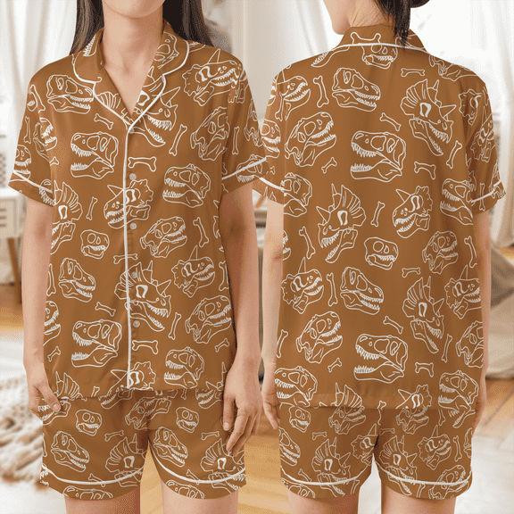 Lotusprinthandmade Dinosaur Skeleton All-over Print Satin Short-Sleeve Pajamas Set (S) – Dino Bone Pajamas Set