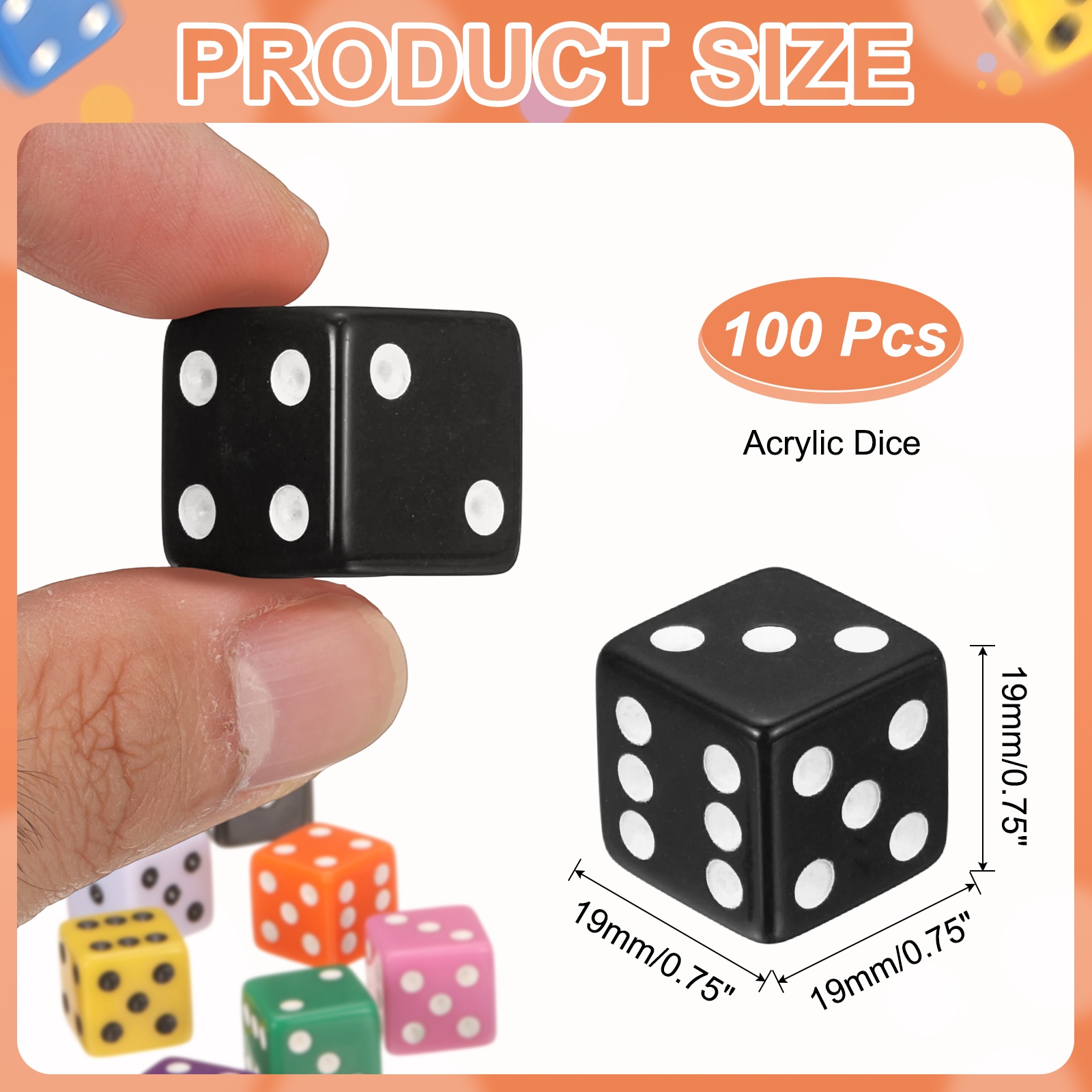 100Pack 6 Sided Acrylic Dice, 19mm/0.75" Large D6 Opaque Game Dice Bulk for Table Board Games Birthday Theme Party Fun Supply, Black