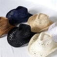 thumbnail image 3 of Joernso Straw Hat Ventilated Hollow Round Collapsible Western Cowboy Beach Hat Photo Props, 3 of 8