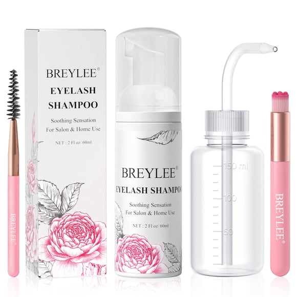 Shampoo para extensiones de pestañas BREYLEE 60 ml con botella de enjuague y cepillo
