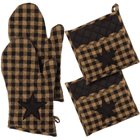 VHC Brands Black Star 4PC Set 2 Oven Mitts and 2 Pot Holders