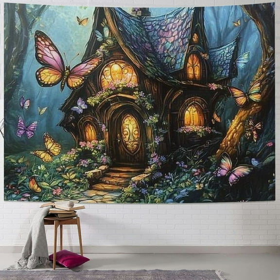 Patifu Fairy House Butterflies Fantasy Art Tapestry Wall Hanging Unique Style for Home Decor Living Room Bedroom Apartment Farmhouse Dorm 40x30inch