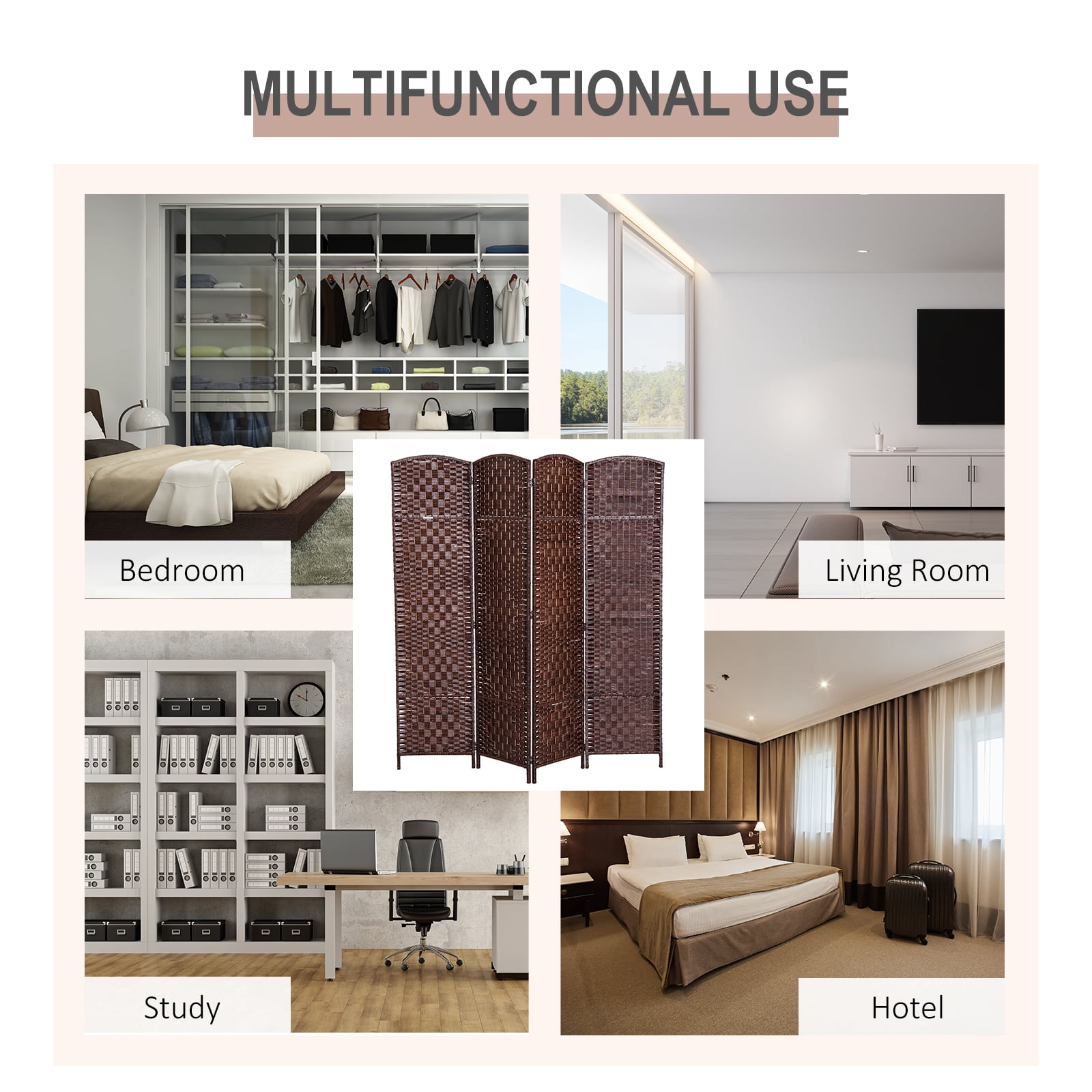 Royard Oaktree 4 Panel Folding Room Divider, 6' Tall Portable Privacy Screens, Wicker Weave Divider with Wood Frame, Freestanding Partition Wall Dividers for Home Office Bedroom, Brown