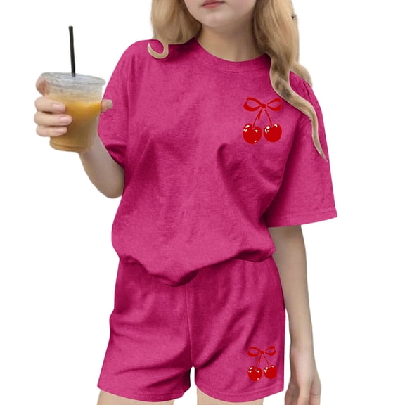 Mitankcoo Print Two Piece Outfits for Girls Short Sleeve Cherry Printed Tops and Shorts Sets for Daily Wear