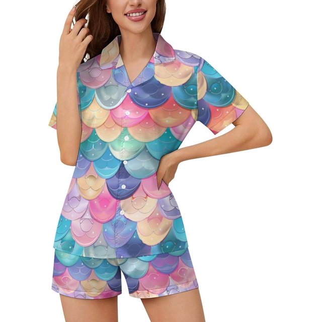 SKQIT Womens Short Sleeve Pajama Sets, 2 Piece Cute Print Soft Satin Button Down Shirt and Shorts Sleepwear Sets