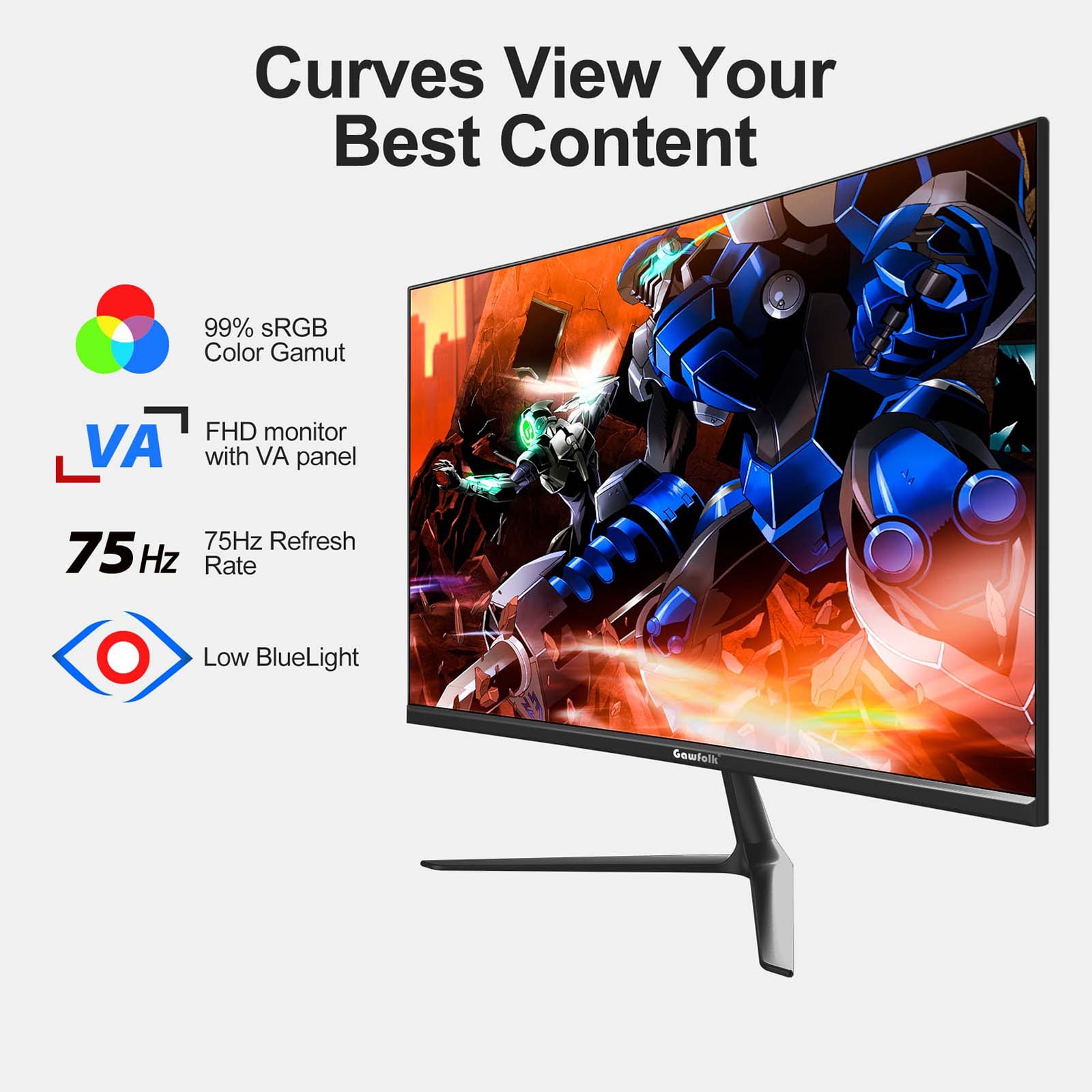 Gawfolk 24” Curved Monitor 75Hz Full HD 1080P, Ultra-Thin Non-frame Gaming Display with AMD FreeSync HDMI VGA Machine Black