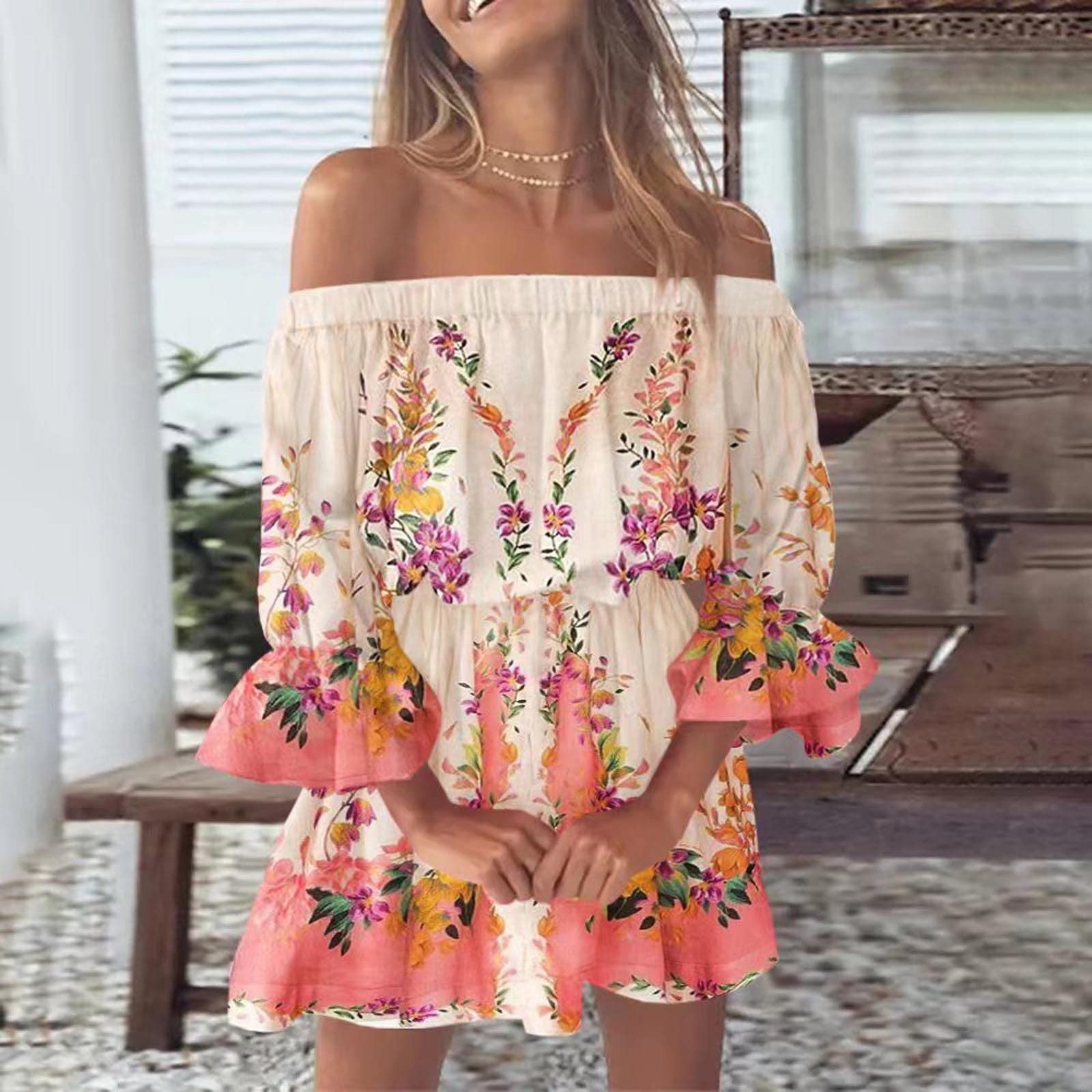 Womens Dress Solid Color Floral Short Sleeve Round Neck Off Shoulder Flowy A-line Loose Sundress Casual Daily Holiday Summer Beach Party Mini Dresses for Ladies 