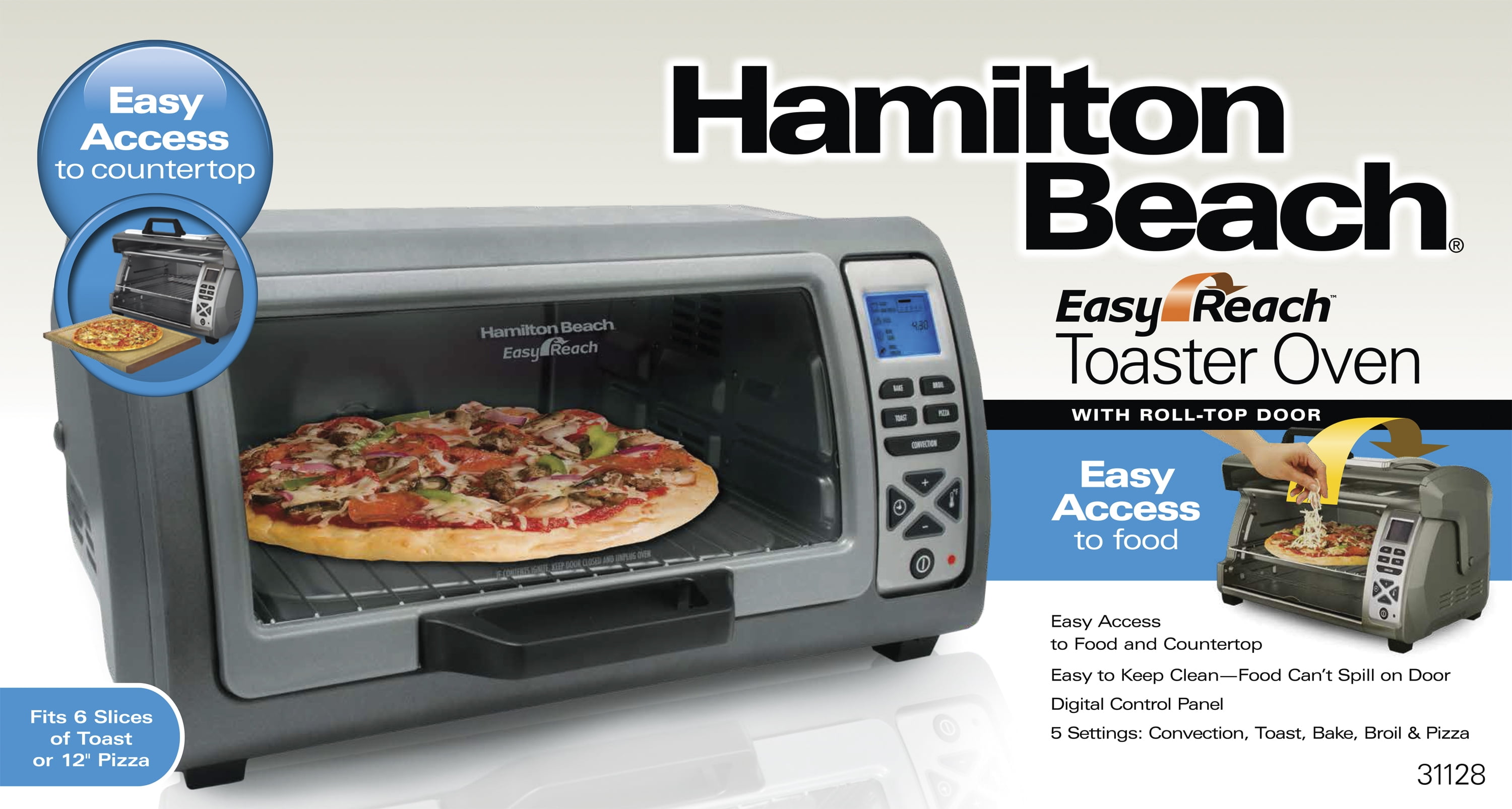 Hamilton Beach Easy Reach 1400 W 6-Slice Grey Toaster Oven with Roll Top  Door 31127D - The Home Depot