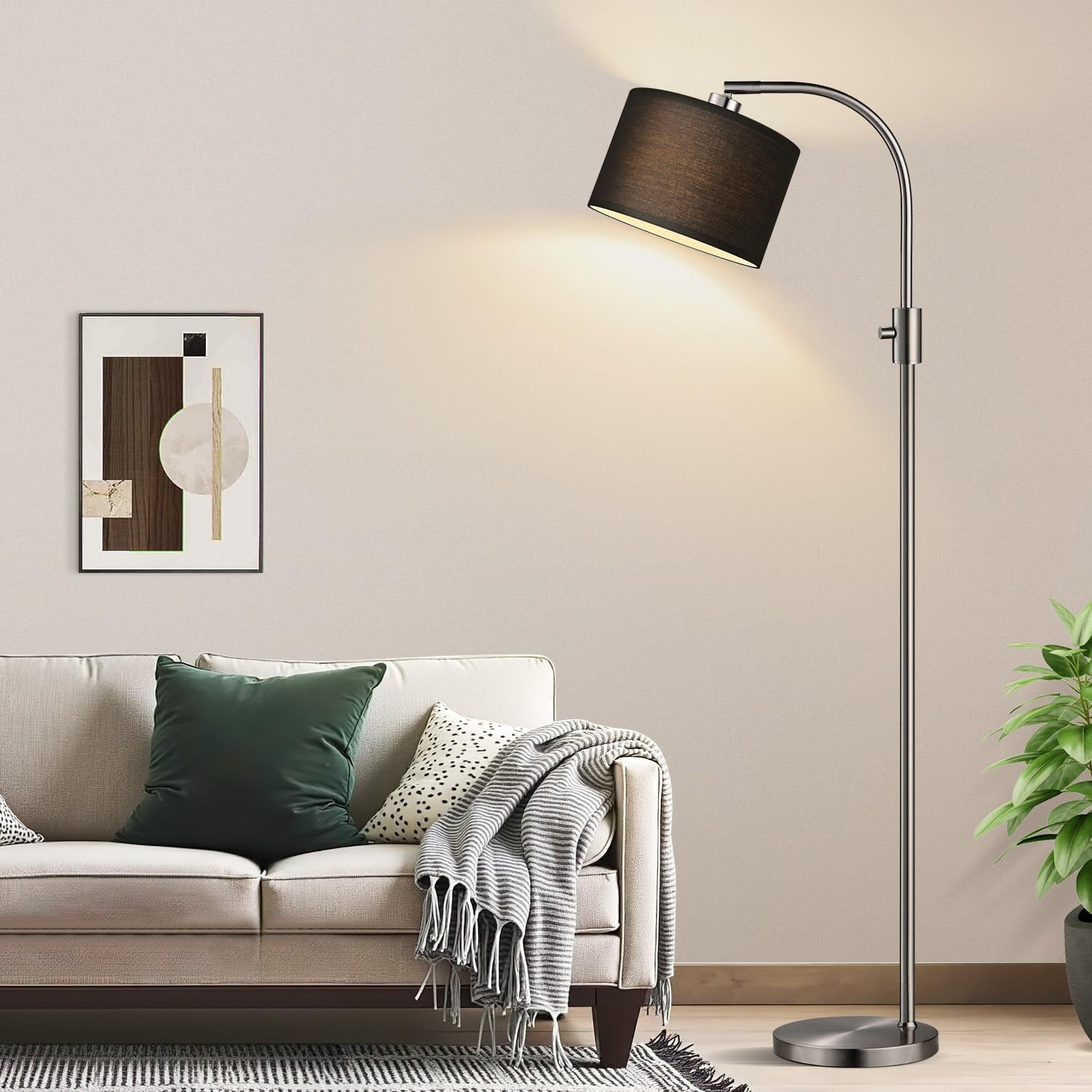 Dimmable Tall Standing Floor Lamp with Black Shade, 1200 Lumens LED Bulb Included, for Living & Reading Room, Bedroom, Office, Brushed Nickel