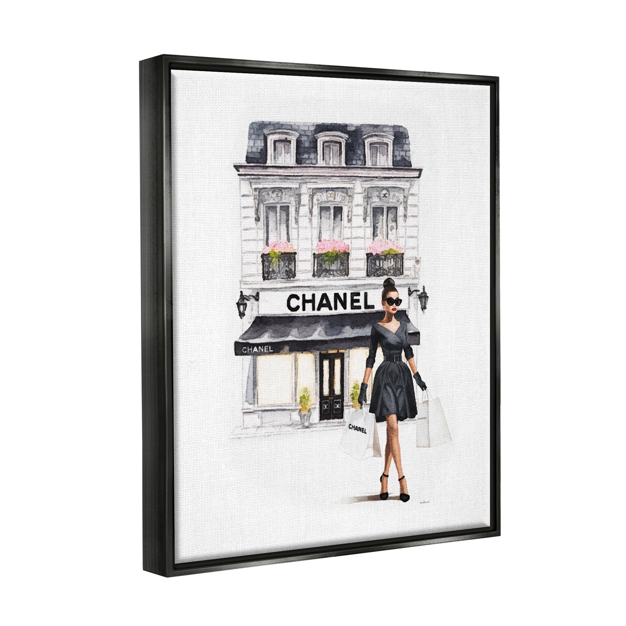 Stupell Industries Girl & Fashion Shop Town & City Painting Black Floater Framed Canvas Art Print Wall Art, 17 x 21