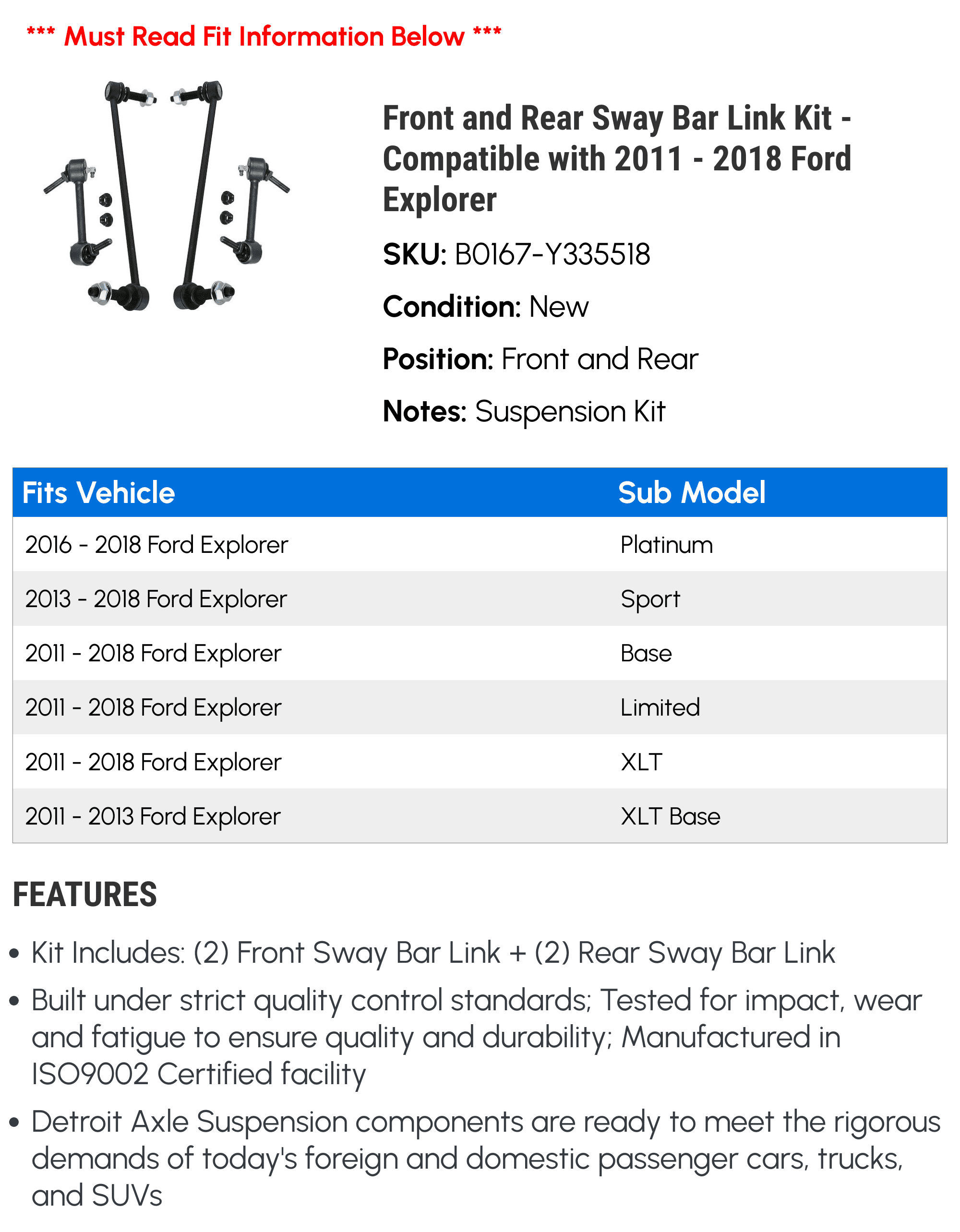 Front and Rear Sway Bar Link Kit - Compatible with 2011 - 2018 Ford Explorer 2012 2013 2014 2015 2016 2017