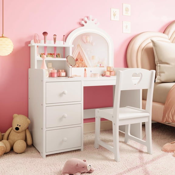 Kids Vanity Desk with Mirror and Lights, White Princess Wooden Makeup Vanity with Chair, Storage Shelves and Drawers, 2-in-1 Girls Dressing Table