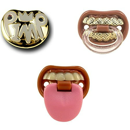 Billy Bob Baby Pacifier, 3 Pack (Baby With Attitude, Pimp Gold, & Grill
