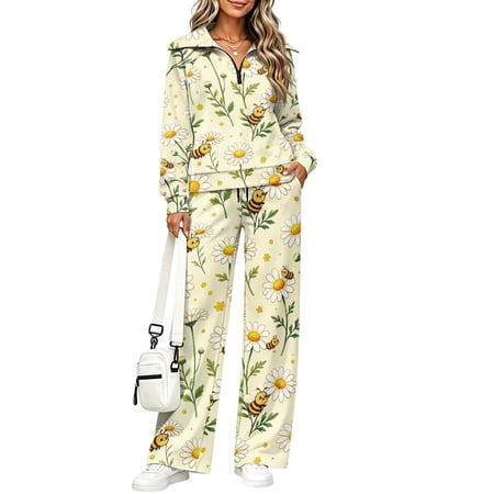 2 Piece Sets for Women Half Zip Lounge Matching Fall Outfits L Long Sleeve Sweatshirt Wide Leg Pants with Pockets Sweatsuit Travel Airport Tracksuit Daisy Bee Floral