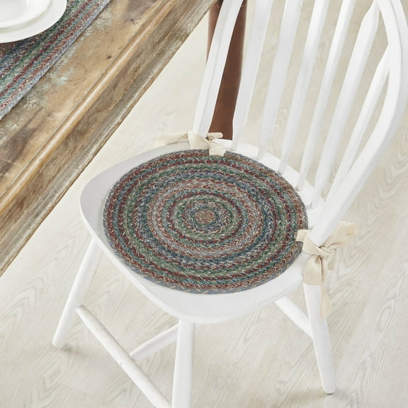 VHC Brands Multi Braided Farmhouse 15 in Chair Pad Green Textured Jute Striped Round Kitchen Table Decor