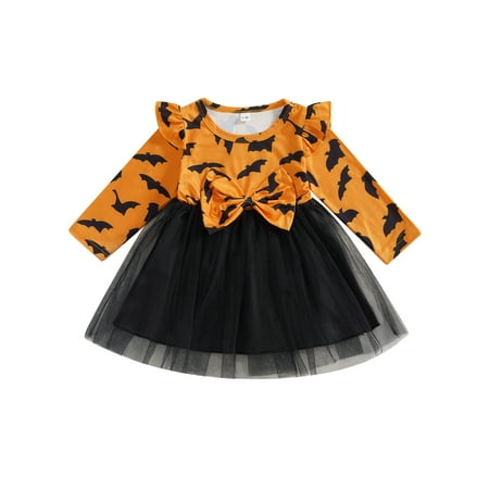 

Binshrliy Toddler Baby Girl Halloween Dress Print Long Sleeve A-line Princess Dresses + Headband 6M 9M 12M 18M 24M 3T Kid Fall Patchwork Tulle Skirt