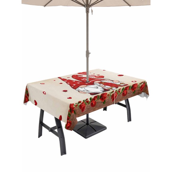 Outdoor Tablecloth with Umbrella Hole and Zipper, Valentine's Day Rectangle Table Cloth 60x102 Inch Waterproof Tablecloth, Farmhouse Gnomes Love Red Rose Wooden Picnic Table Cover for Patio Camping