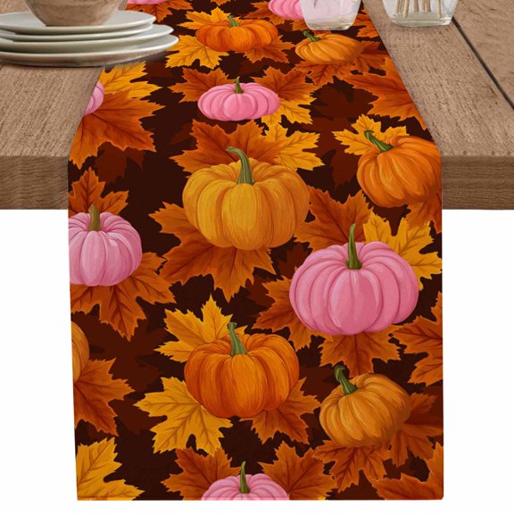 nqOlkjepod Pink Pumpkin Fall Table Runner 90 Inches Long Farmhouse Dress Scarves, Thanksgiving Maple Leaves Farmhouse Dining Tablerunner for Coffee Table/Kitchen Island/Party Décor, 13" x 90"