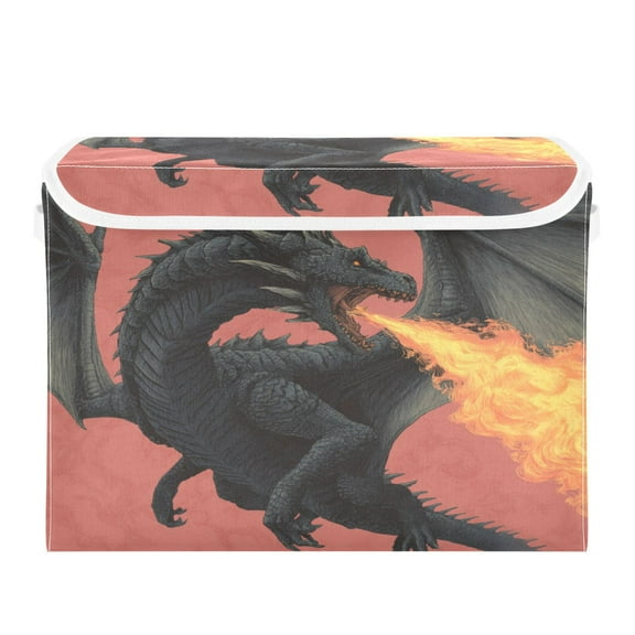 WOBOGO Fire Dragon Large Collapsible Storage Box Flip Lid Fabric Decorative Organizer Container Basket with Handles 16.5×12.6×11.8in
