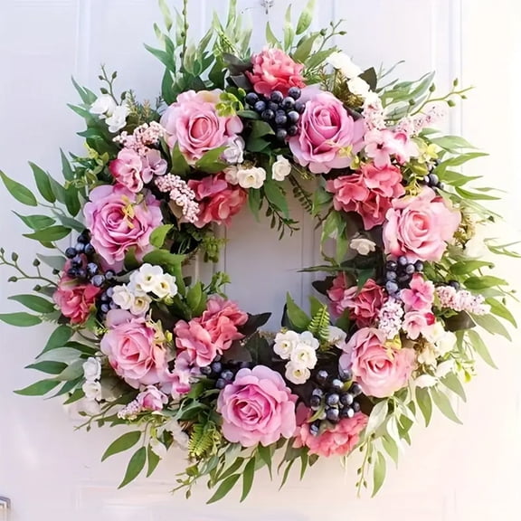 Elainilye Front Door Wreath for Spring and Summer, Artificial Peony and Rose Flower Garland with Leaves, Outdoor Porch Decoration, Wall Hanging Door Decor for Home and Seasonal Festive Decor