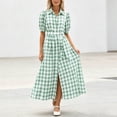 thumbnail image 5 of Ayolanni Short Sleeve Women Summer Dresses Plaid V Neck A-Line Maxi Dress Birthday Elegant Party Belted Long Dress with Puff Sleeve Green XL, 5 of 7