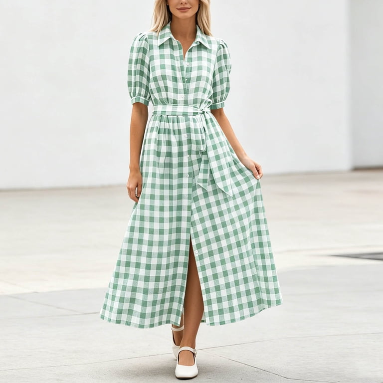green tartan dress womens Hinvhai Summer Plaid Puff Short Sleeve Collar Button Down Long Shirt Dress with Belt S(s), Women's, Size: Small 2 Variants left